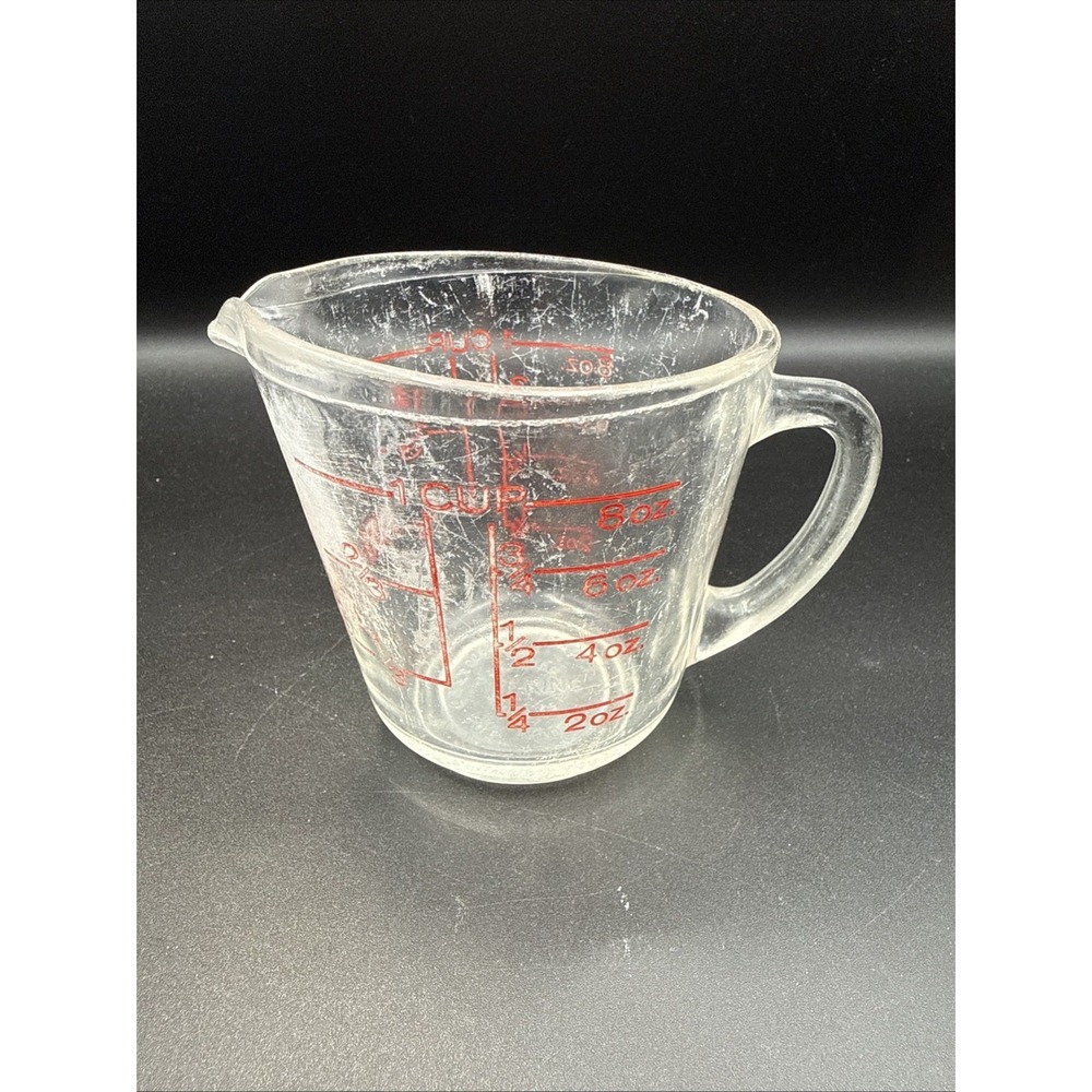 Vintage Fire King 1 Cup Measuring Cup #496 Red Letter Cloudy‎ Glass Scratches